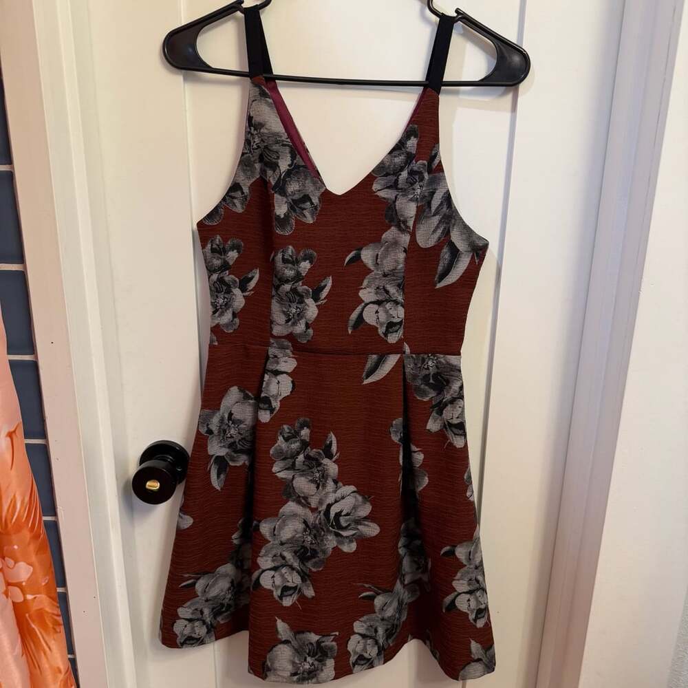 Lush Rust Orange and Black Floral V-Neck A-Line Dress